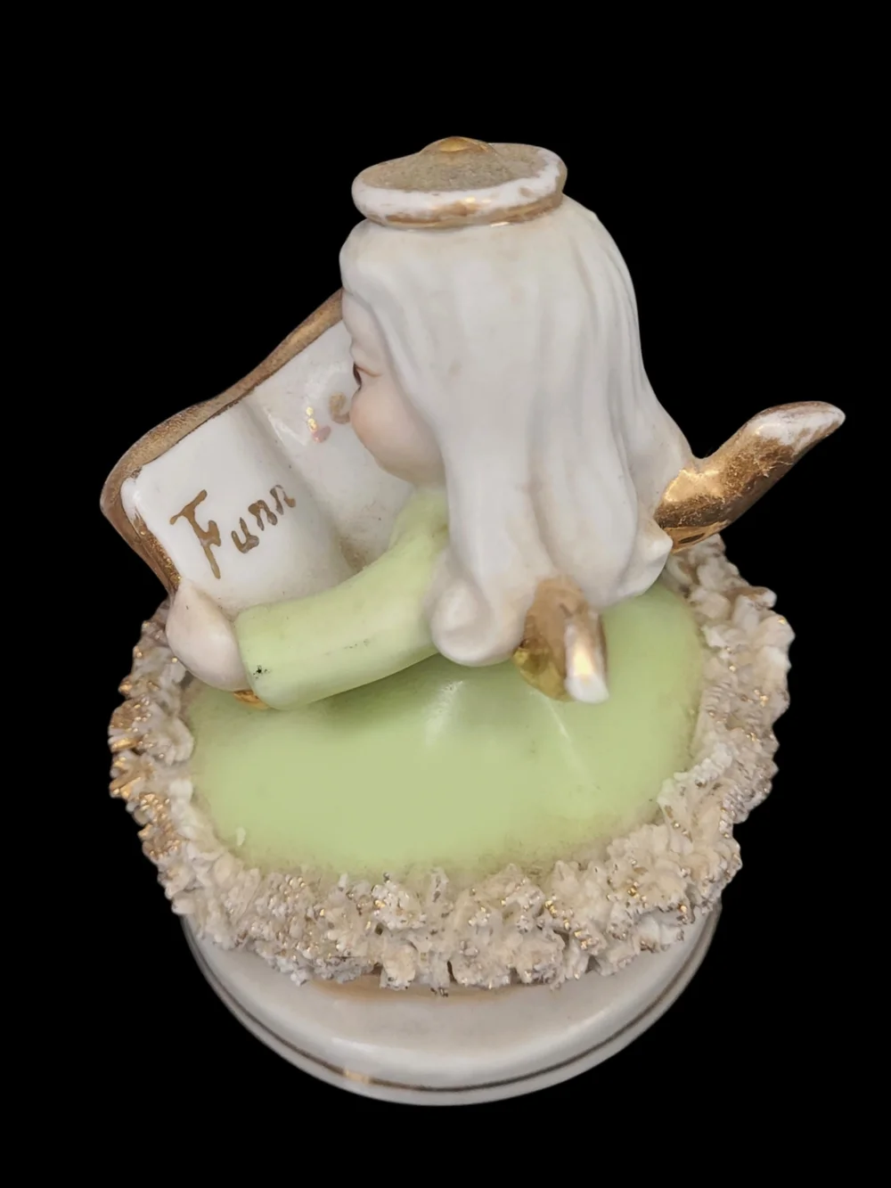 1950s Lefton Reading The Funnies  Angel Figurine Spaghetti Trim Vintage